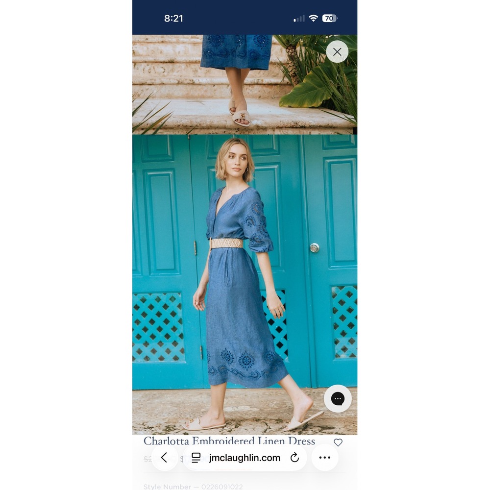 J.McLaughlin Charlotta Embroidered Linen Dress Blue Midi Eyelet Shirtdress M